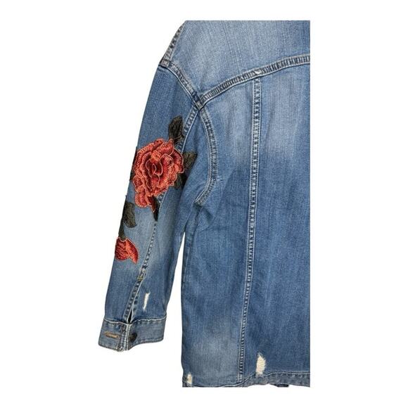 Express Distressed Blue Denim Rose Embroidered Jacket - S/XS - Picture 6 of 11